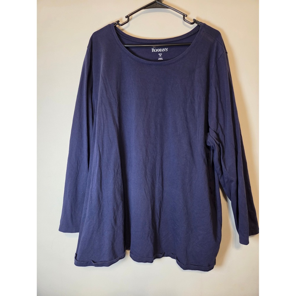 Roamans Navy Blue Long Sleeve Tunic Top Plus Size 30/32 3X Scoop Neck Knit Tee